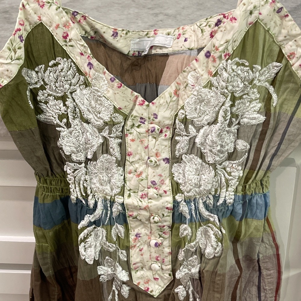 Johnny Was 3J Workshop Dress Womens Small Green Plaid Embroidered Cotton Boho - Picture 2 of 10